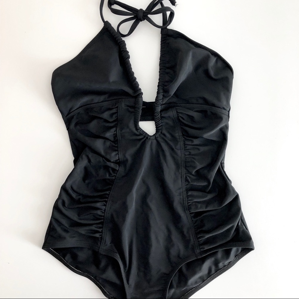Ruched Halter Plunge V Neckline One Piece Swimsuit